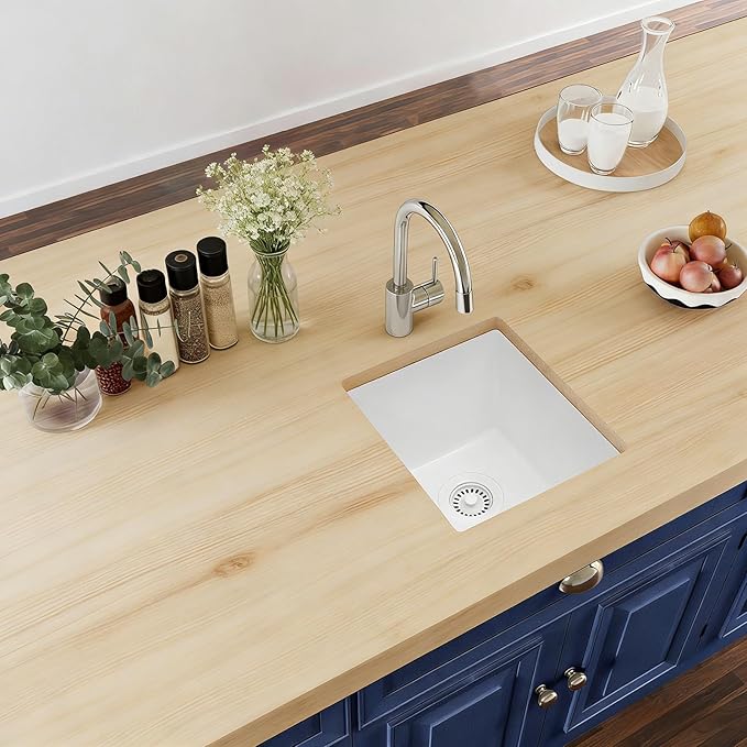 White Bar Sink, 13" x 15" x 10" Undermount Kitchen Sink, 13 Inch Small and Deep Single Bowl Granite Composite Kitchen Sink with Accessories, 13 x 15 White Quartz Stone Bar Sinks