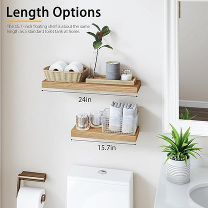 INHABIT UNION Oak Floating Shelves for Wall，24in Wall Mounted Display Ledge Shelves Perfect for Bedroom, Bathroom, Living Room and Kitchen Decoration Storage (Oak, Set of 2)