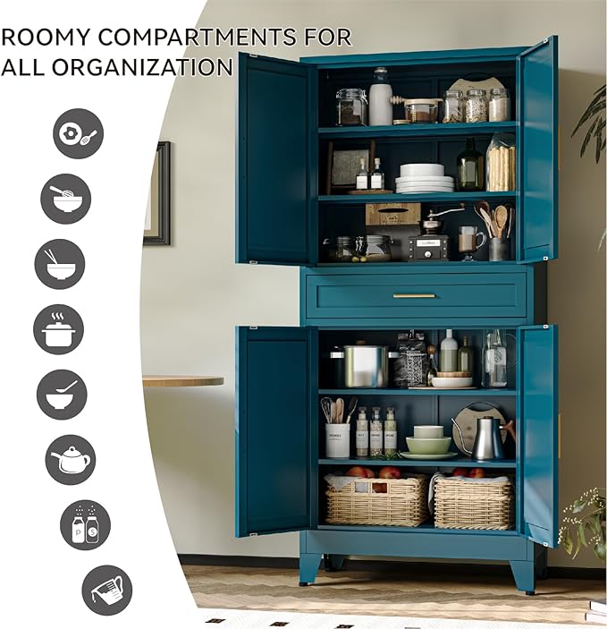 COFaR 71" Pantry Cabinet with Drawer, Peacock Blue Storage Cabinet with Adjustable Shelves, 3-Section Modern Statement Cupboard for Kitchen & Bathroom