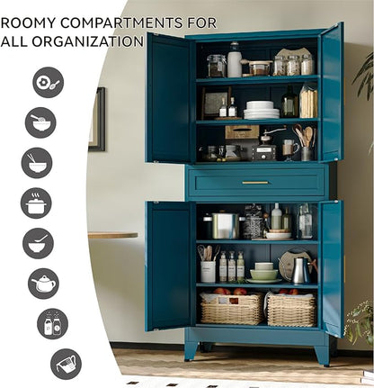 COFaR 71" Pantry Cabinet with Drawer, Peacock Blue Storage Cabinet with Adjustable Shelves, 3-Section Modern Statement Cupboard for Kitchen & Bathroom