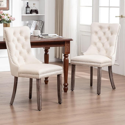 Eifizek Velvet Dining Chairs Set of 2, Tufted Dining Room Chairs with Nailhead Ring Pull Trim, Upholstered Dining Chairs with Solid Wood Legs for Kitchen Dining Room (Beige)