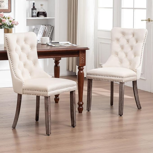 Eifizek Velvet Dining Chairs Set of 2, Tufted Dining Room Chairs with Nailhead Ring Pull Trim, Upholstered Dining Chairs with Solid Wood Legs for Kitchen Dining Room (Beige)