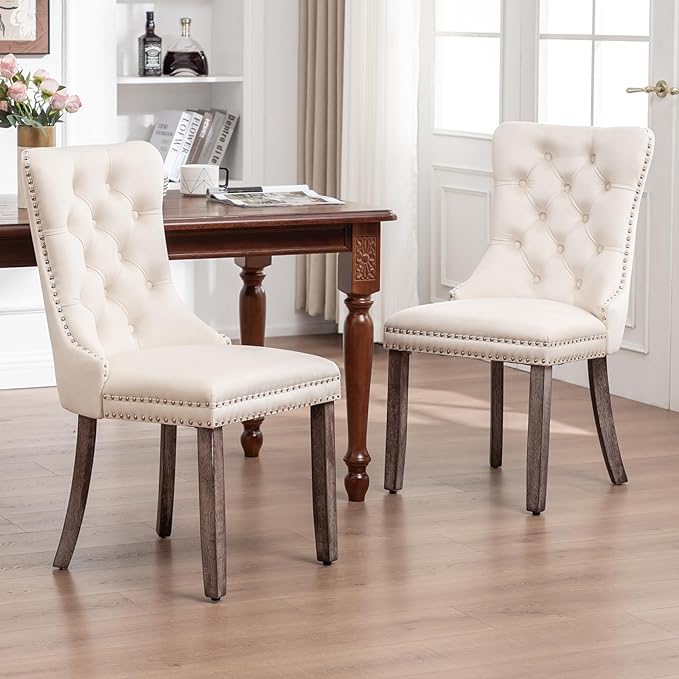 Eifizek Velvet Dining Chairs Set of 4, Upholstered Dining Room Chairs with Nailhead Ring Pull Trim, Button Tufted Wing Back Chairs for Dining with Solid Wood Legs for Kitchen Dining Room(Beige)
