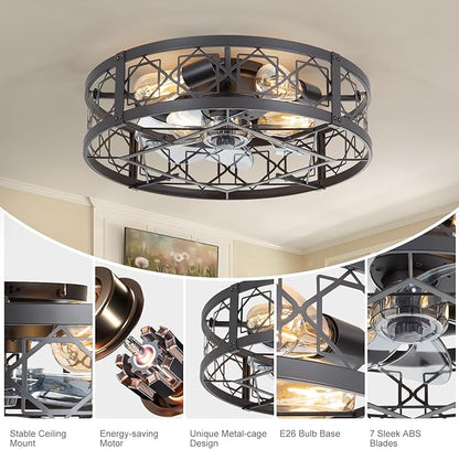 ZYD Caged Ceiling Fan with Light, 20" Ceiling Fan with Lights and Remote Flush Mount, Bladeless Caged Ceiling Fans with Lights, Matte Black Rustic Fan for Bedroom, Kitchen, Dining Room