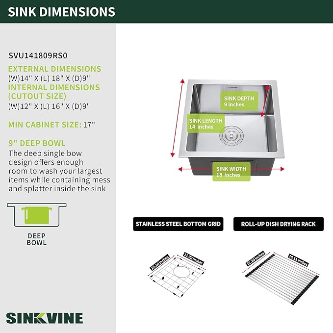 Bar Sink Undermount 14 x 18 inch, SINKVINE Stainless Steel Kitchen Sink for Outdoor RV, Single Bowl Wet Bar Prep Basin, with 3.5-inch Drain Strainer, Bottom Rise Grid, Roll-up Drying Unit, Brushed