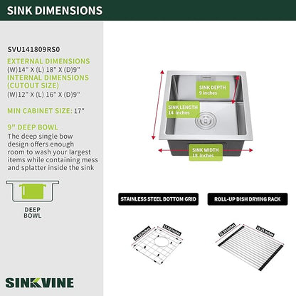 Bar Sink Undermount 14 x 18 inch, SINKVINE Stainless Steel Kitchen Sink for Outdoor RV, Single Bowl Wet Bar Prep Basin, with 3.5-inch Drain Strainer, Bottom Rise Grid, Roll-up Drying Unit, Brushed