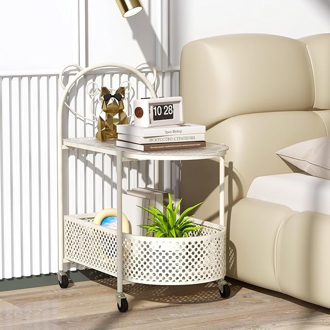 Giantex Mobile Glass Coffee Table, 2-Tier Modern Cocktail Table with Bear Pattern, Storage Basket & Metal Frame, Sofa Side Tea Table on Lockable Wheels, Center Table for Living Room, Bedroom (White)