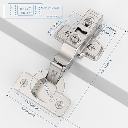 Chibery 2 Pack Full Overlay Soft Close Concealed Frameless Cabinet Hinges, Satin Nickel, 105°, Stop at Will 45-105 Degree, Self Closing, 3D Adjustment, Clip On, Stainless Steel for Cupboard Kitchen