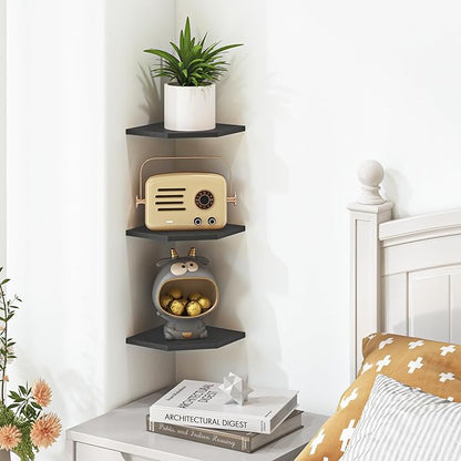 Fun Memories Corner Shelf Wall Mount, Floating Corner Shelves, Set of 3 Corner Wall Shelf Organizer, Rustic Wood Wall Storage Display Shelves for Living Room Bedroom Bathroom Kitchen, Classic Black