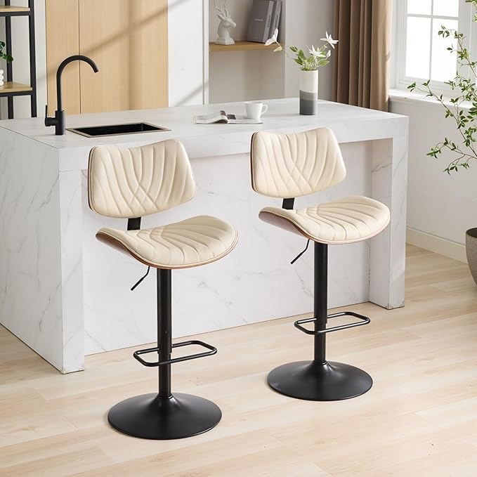 Modern Mid Century Adjustable Counter Height Leather Upholstered 360°Swivel Bar Chairs for Kitchen Island/Dining Room/Cafe, 2 Chair