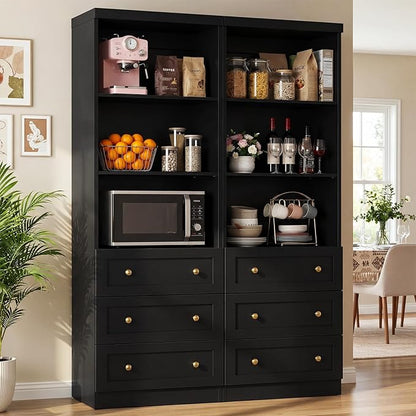 Cyclysio 80" Kitchen Pantry Cabinet with 3 Drawers, Tall Storage Cabinet Wood Food Pantry with Thickened Top Panel and Adjustable Shelves, Versatile Cupboard for Kitchen, Dining Room (1, Black)