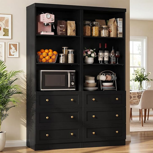 Cyclysio 80" Kitchen Pantry Cabinet with 3 Drawers, Tall Storage Cabinet Wood Food Pantry with Thickened Top Panel and Adjustable Shelves, Versatile Cupboard for Kitchen, Dining Room (2, Black)