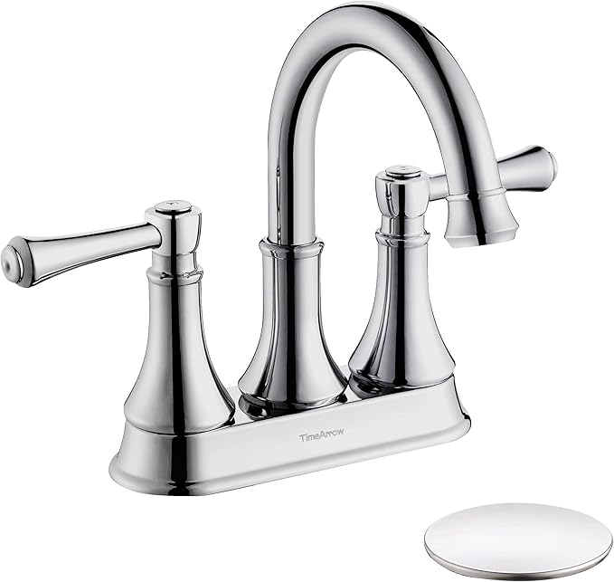 TimeArrow Chrome 4 Inch Two Handle Centerset Bathroom Sink Faucet 3 Holes with Pop up Drain, High Arc Modern Bathroom Vanity Lavatory Faucet with Brass 360° Swivel Spout, TAF067Y-CP