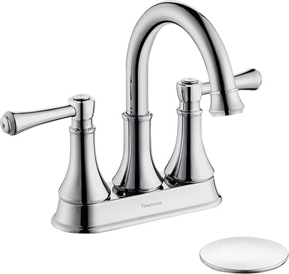 TimeArrow Chrome 4 Inch Two Handle Centerset Bathroom Sink Faucet 3 Holes with Pop up Drain, High Arc Modern Bathroom Vanity Lavatory Faucet with Brass 360° Swivel Spout, TAF067Y-CP