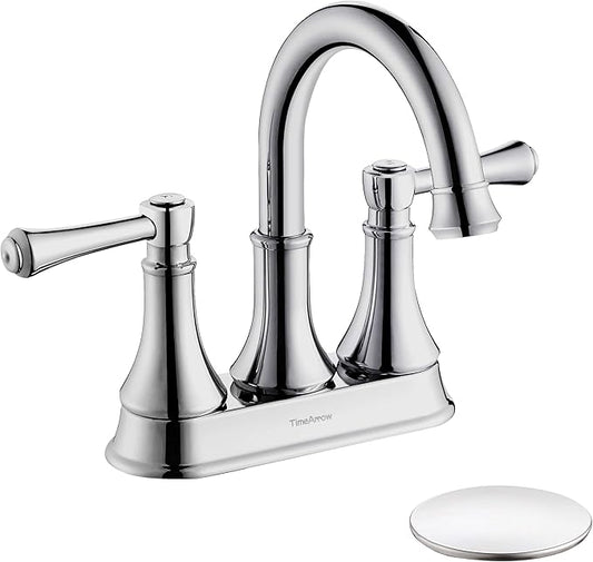 TimeArrow Chrome 4 Inch Two Handle Centerset Bathroom Sink Faucet 3 Holes with Pop up Drain, High Arc Modern Bathroom Vanity Lavatory Faucet with Brass 360° Swivel Spout, TAF067Y-CP
