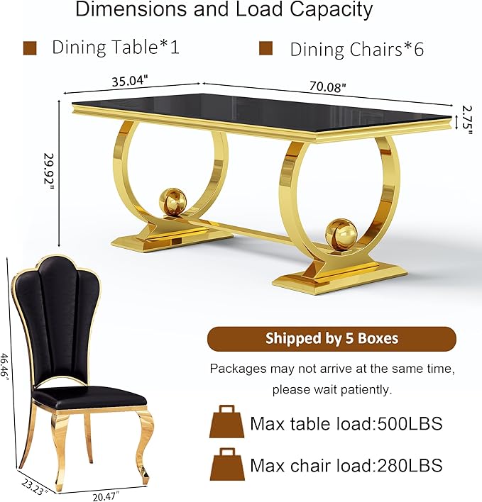 7-Piece Modern Luxury Dining Table Set, 70" Black Tempered Glass Kitchen Table with Gold Polished Stainless Steel U-Shaped Pedestal Base and 6 Black Upholstered High-Back Side Chairs for Dining Room