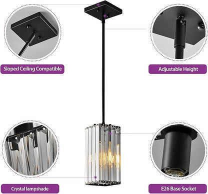 Modern Pendant Light Black Rectangle Pendant Lighting Mini Crystal Chandeliers Adjustable Pendant Light Fixture for Kitchen Island Dinning Room Living Room Corridor Bedroom(Black 3-Pack)