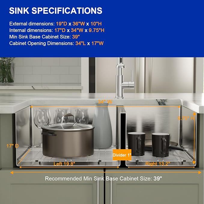 Dcolora 36" Extra Large Double Bowl Kitchen Sink Undermount 60/40 Split 16 Gauge 304 Stainless Steel Double Sinks, Round Corner 36"x19"x10" DC-U7741