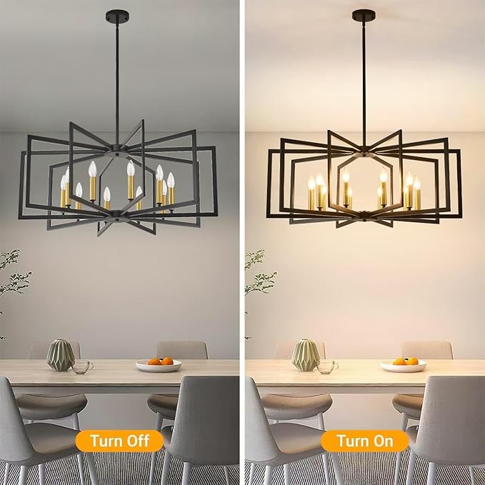 Black Chandelier for Dining Room 10-Light Dining Room Light Fixture Modern Geometric Metal Hanging Industrial Chandeliers for Entryway Kitchen Island Foyer Farmhouse Chandeliers(Black Gold)