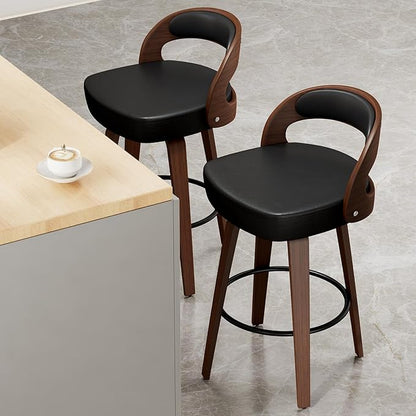 GOWE Swivel Bar Stools Set of 2, 26.8" Counter Height Bar Stools for Kitchen Island, Black Barstools Upholstered Faux Leather & Solid Wood Legs, VF