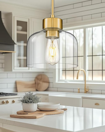 Gold Pendant Lights Kitchen Island, 8" Hanging Light Fixtures with Clear Glass Shade, Modern Brass Kitchen Pendant Lighting Over Island for Dining Room, AD-24024-1PL-GD