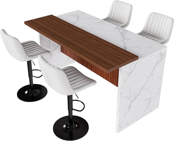 63" Kitchen Island Set with 4 Beige Bar Stools White Marble Look, LED Lighting Grill for Dining Room, Open Concept Spaces, Lounge(4 Beige Bar Stools)
