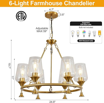 Modern Chandelier for Dining Room (25inch, 6-Light), Brushed Gold Dining Room Light Fixture Over Table with Clear Glass Shade, Industrial Hanging Pendant Lights Fixture for Kitchen Island Entryway
