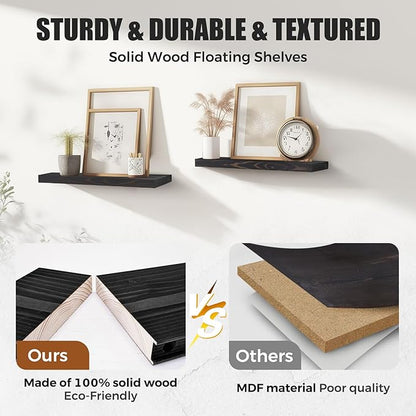 Floating Wall Shelves - 16"x6.8"x1.2" Sturdy Rustic Black Solid Wood Shelves for Storage and Décor, Easy Installation for Living Room, Bedroom, and Kitchen - 2 Pack