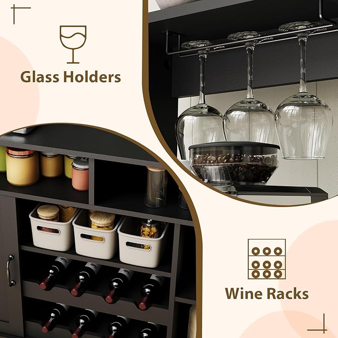 47" Farmhouse Coffee Bar Cabinet with Storage, Buffet Cabinet with Goblet Holder, 5Hooks, Power Outlets, Sideboard Cabinet Coffee Bar Table with Adjustable Shelves for Kitchen & Living Room, Black
