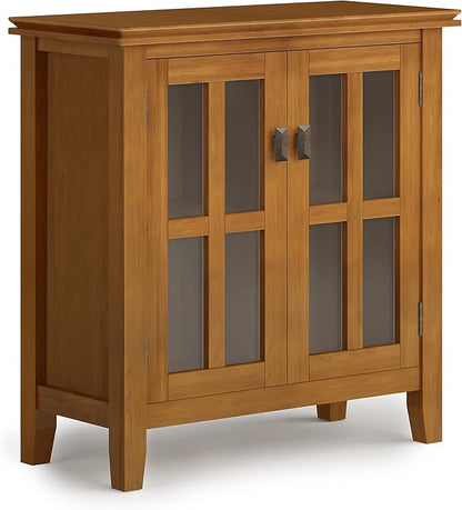 SIMPLIHOME Artisan Storage Cabinet - 30 inch Wide Solid Wood Low Storage Cabinet in Honey Brown, Contemporary Accent Cabinet for Living Room or Dining Room with Glass Doors and Adjustable Shelves