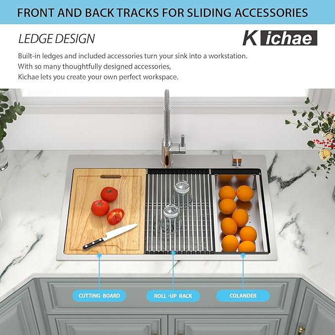 Kichae 36 Inch Drop in Kitchen Sink - 36x22 Drop Sink 16 Gauge Stainless Steel Ledge Workstation Single Bowl Topmount Overmount Handmade Basin