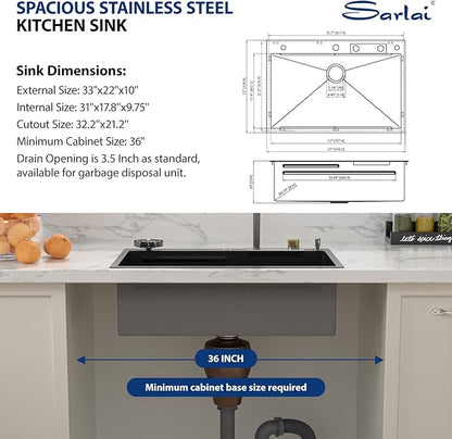 Sarlai 33 Inch Waterfall Kitchen Sink - 33x22 Black Waterfall Drop In Sink Workstation Stainless Steel 16 Gauge Smart Sinks Multifunction Single Bowl Top Mount Kitchen Sinks with Faucet Combo