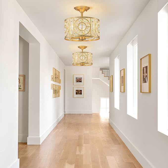 Semi Flush Mount Chandelier for Dining Room, 3-Lights Vintage Crystal Round Chandelier, Gold Retro Semi-Flush Mount Ceiling Lights Fixture for Living Room Bedroom Kitchen Hallway Foyer