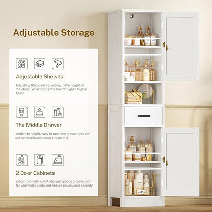 TEENFON 67" H Bathroom Storage Cabinet with Barn Doors & Adjustable Shelves, Bathroom Cabinet with Drawer, Narrow Bathroom Storage Unit, Floor Cabinets for Living Room, Kitchen, White