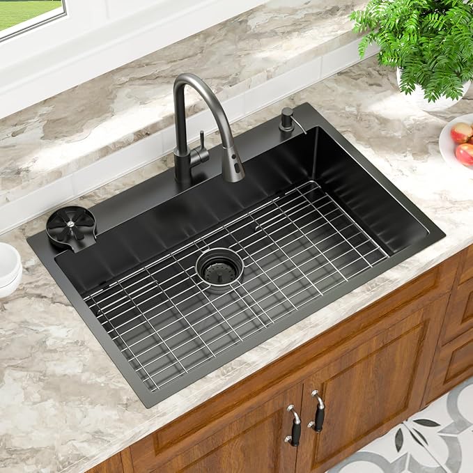 Mocoloo 33x22 Drop In Kitchen Sinks with Faucet 33 Inch Black Drop In Kitchen Sink 16 Gauge Stainless Steel Single Bowl Topmount Outdoor Sinks with Pull-out Faucet, Cup Washer and Soap Dispenser