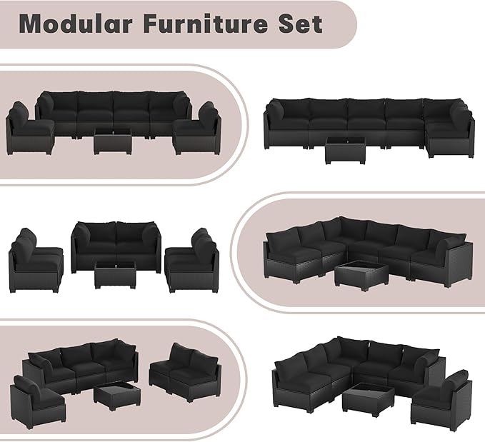 Patio Furniture Set, 7-Piece Outdoor Sectional Couch with Coffee Table & Thick Cushions, Outdoor Wicker Conversation Set for Backyard, Poolside, Garden (Crossbody Black-Black, 7 Piece-Single)
