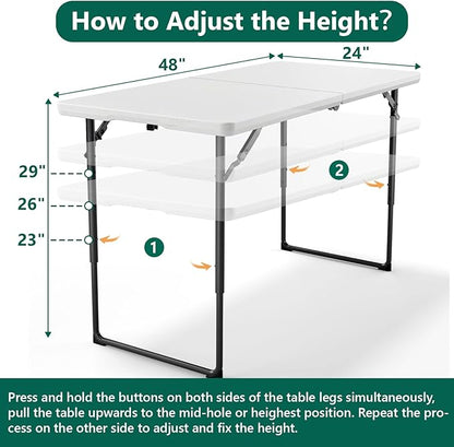 Folding Table 48" x 24" - Heavy Duty Fold-in-Half Plastic Table with Adjustable Height, Portable Utility Tables with Steel Legs for Indoor, Outdoor, Picnic, Camping, Dining, Party (White)