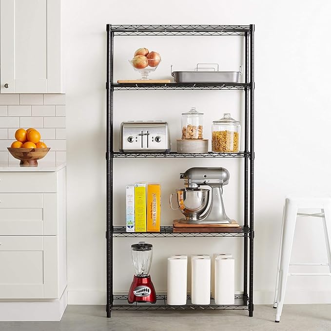 Basics 5-Shelf Adjustable Heavy Duty Steel Wire Rack, Space Saving Storage Shelving Organizer for Kitchen, Garage, No-Tool Assembly, 350 lbs Weight Capacity, 36" x 14" x 72", Chrome