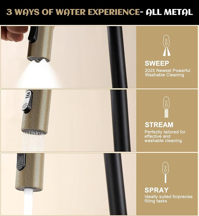 Kitchen Faucet with Pull Down Sprayer, 3 Spray Modes Metal Head, Stainless Steel Single Handle High Arc Kitchen Sink Faucet, for Farm,Bar, Fit for 1 or 3 Hole, Black and Gold