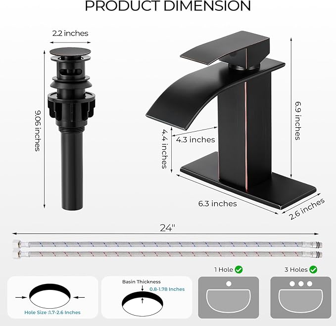 ORB Bathroom Faucets, Waterfall Bathroom Sink Faucet Single Handle Bathroom Faucet for 1 or 3 Hole, Mixer Tap Vanity Faucet with Deck Plate, Pop-up Drain and Supply Hoses