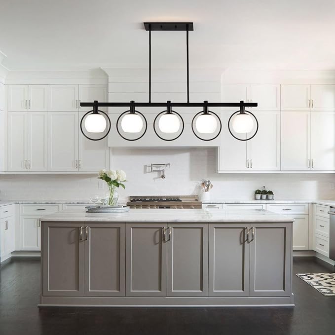 WJShome Dining Room Light Fixture/Chandelier Over Table, 5-Light Modern Kitchen Island Lighting Hanging for Farmhouse Linear Chandeliers Matte Black Ceiling Pendant Light Fixtures with Glass Shade