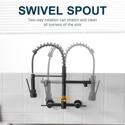 AIMADI Black Wall Mount Kitchen Faucet with Pull Down Sprayer Pot Filler | Matte Black Commercial Style Dual Handle Sink Faucet Spring Design for Kitchen