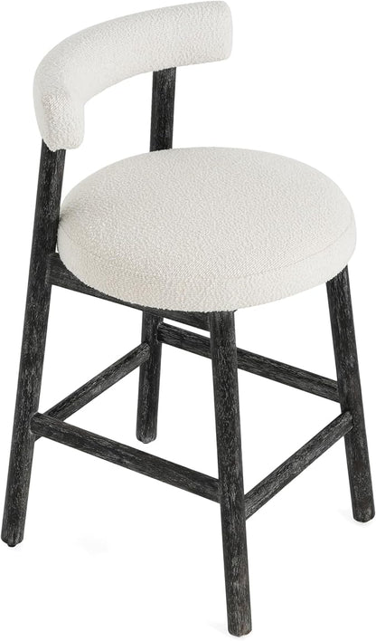 Christopher Knight Home Annes Counter Height Bar Stools Set of 2, Boucle Fabric Round Bar Stool for Kitchen Island, Wooden Dining Room Chair, Counter Stool with Footrest, Black+Milky White