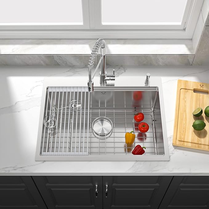 27 Inch Workstation Kitchen Sink 16 Gauge Stainless Steel Drop-In Topmount Single Bowl Kitchen Sink (27"X22"X10")