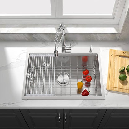 27 Inch Workstation Kitchen Sink 16 Gauge Stainless Steel Drop-In Topmount Single Bowl Kitchen Sink (27"X22"X10")