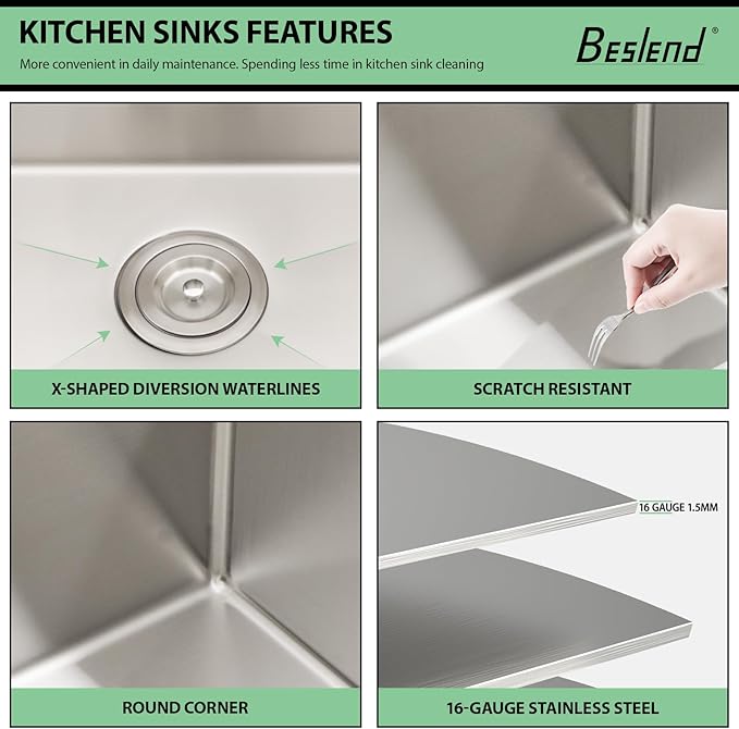 33 Drop In Kitchen Sink - Beslend 33x22 Kitchen Sink Drop In with Pull-Out Faucet, Stainless Steel Sinks and Soap Dispenser Topmount 16 Gauge Single Bowl Above Counter Dish Basin 9" Deep