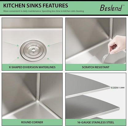 33 Drop In Kitchen Sink - Beslend 33x22 Kitchen Sink Drop In with Pull-Out Faucet, Stainless Steel Sinks and Soap Dispenser Topmount 16 Gauge Single Bowl Above Counter Dish Basin 9" Deep