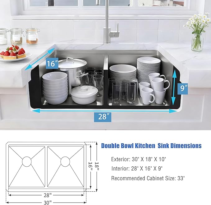 Undermount Double Kitchen Sink, 16 Gauge SUS304 Stainless Steel Kitchen Sinks,50/50 Features All In One Workstation Sinks with Accessories, 32"x 18" x 10" Large and Deep Double Kitchen Sink