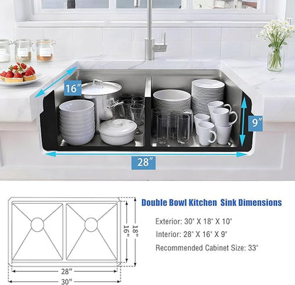 Undermount Double Kitchen Sink, 16 Gauge SUS304 Stainless Steel Kitchen Sinks,50/50 Features All In One Workstation Sinks with Accessories, 32"x 18" x 10" Large and Deep Double Kitchen Sink