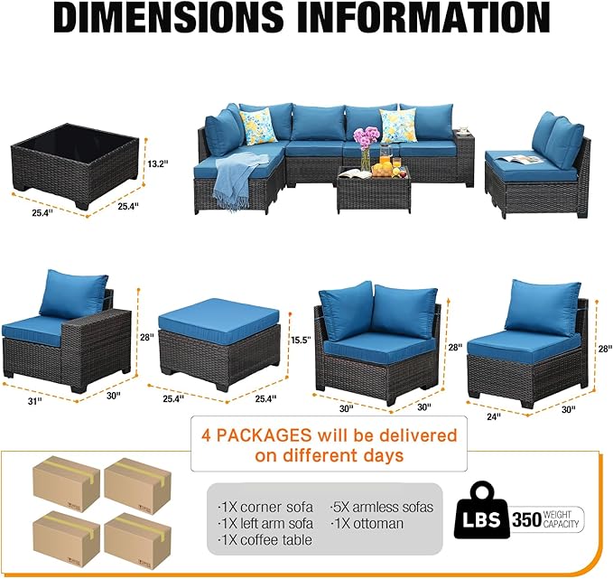 JOYURE 9 Pieces Patio Furniture Set All-Weather Outdoor Wicker Sectional Conversation Sofa Rattan Patio Seating Sofa with Cushion and Glass Table for Porch Poolside,Peacock Blue